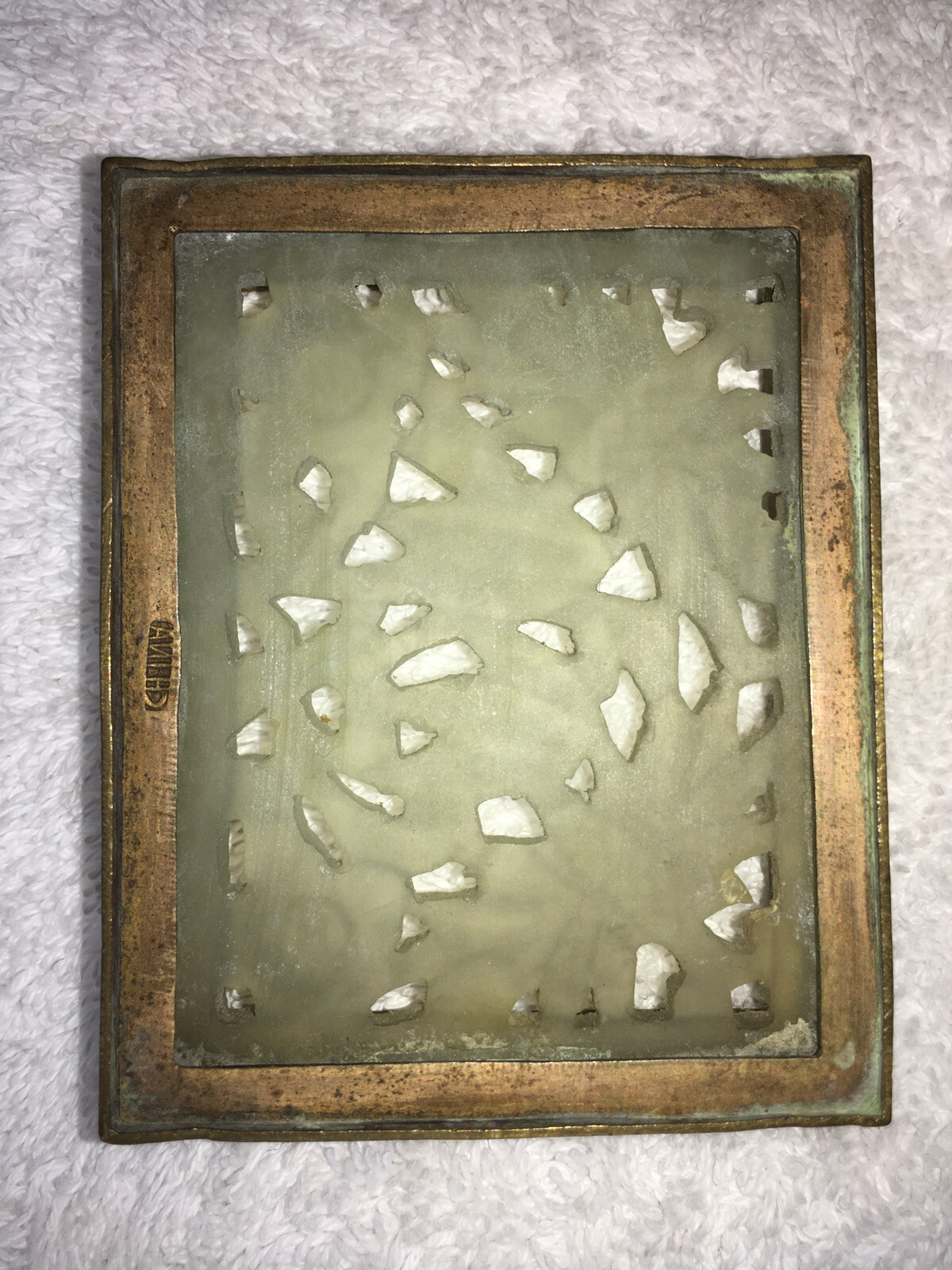 Vintage Chinese Carved Stone & Brass Ash Tray, 3” x 2-3/8” x 3/4” H