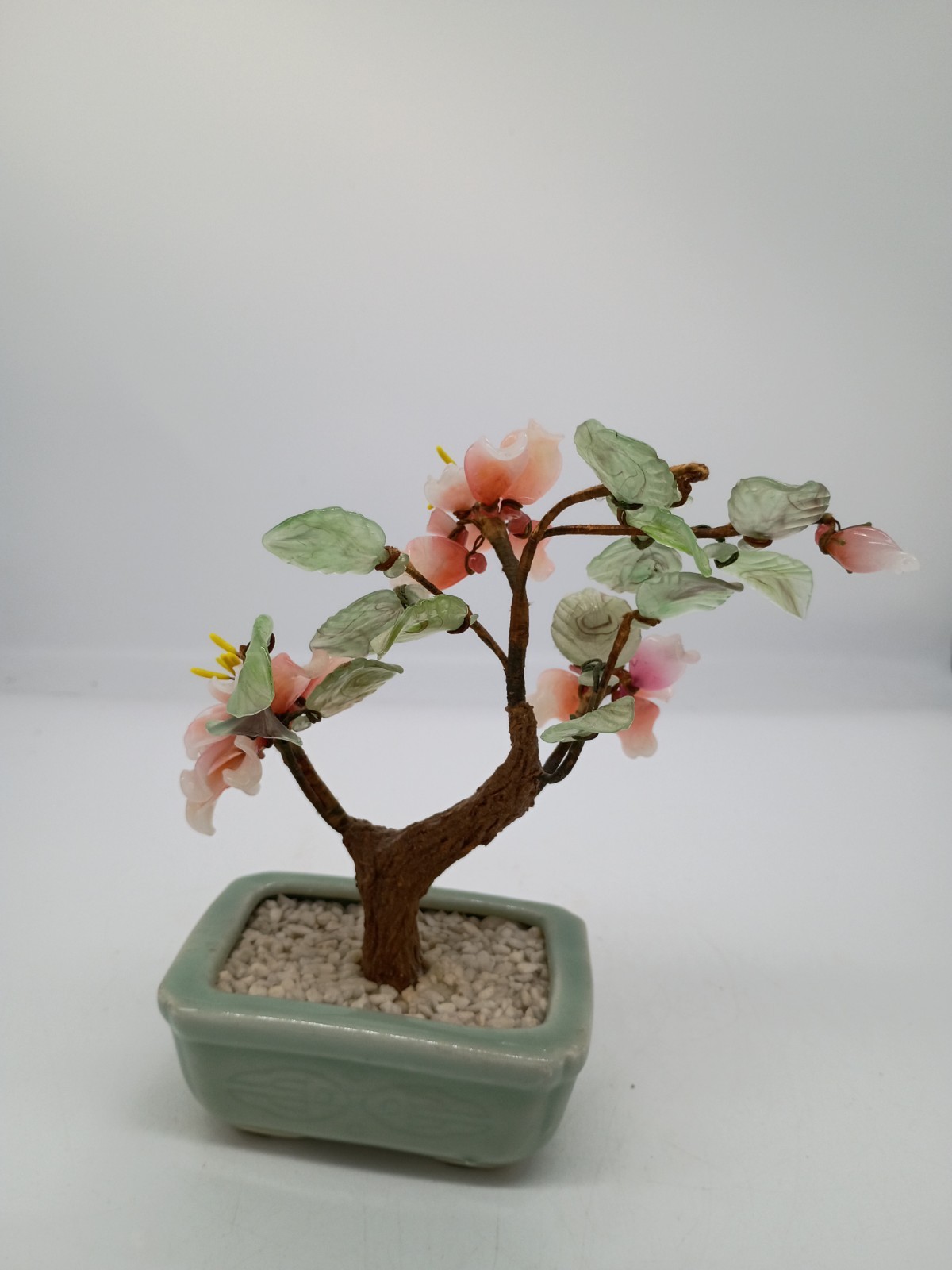 Chinoiserie Green Jade & Pink Rose Quartz Faux Bonsai Tree in Celedon Planter 7″