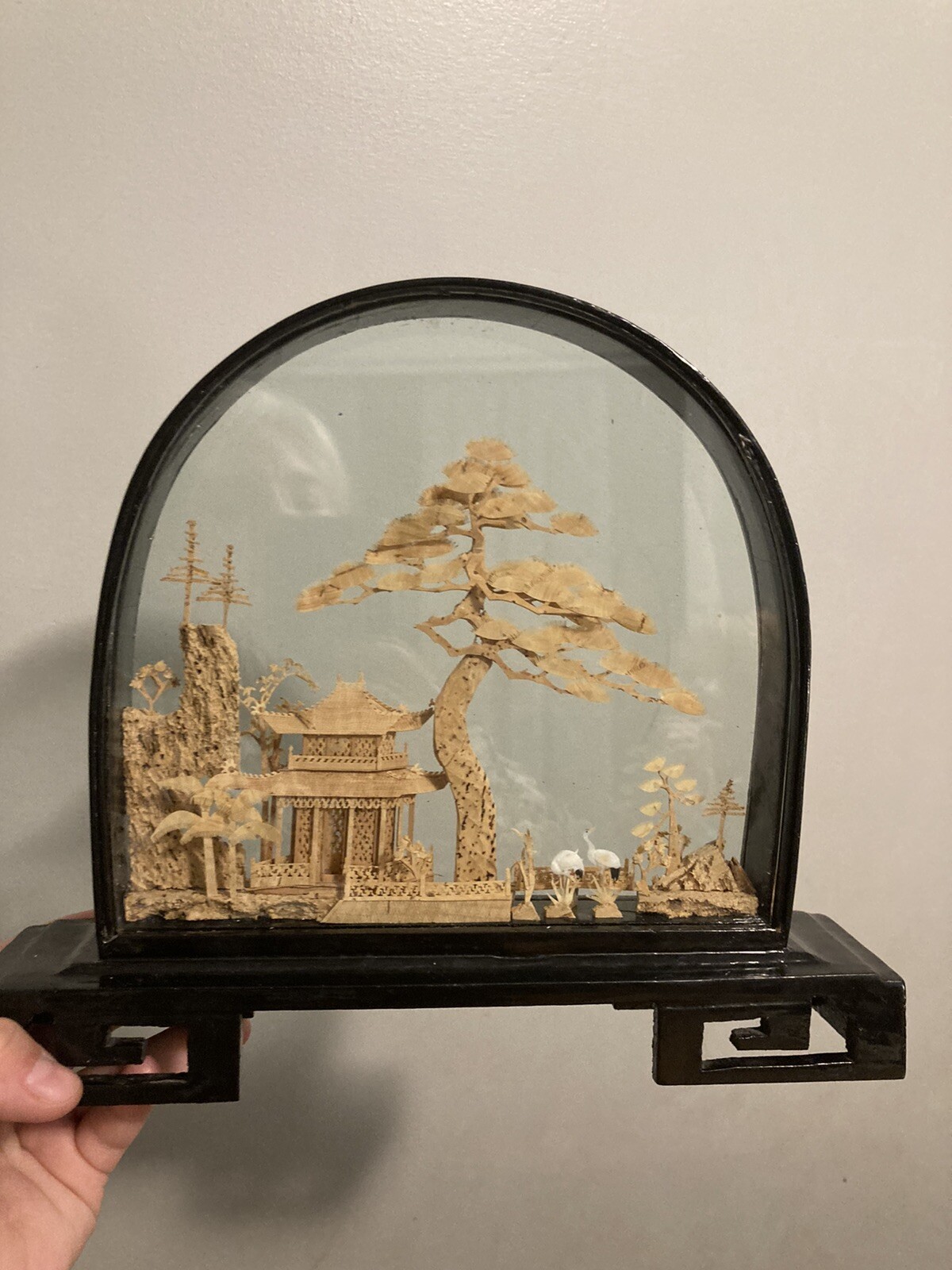 VINTAGE CHINESE SAN YOU DIORAMA CORK CARVING GLASS CASE PAGODA TREES & CRANES