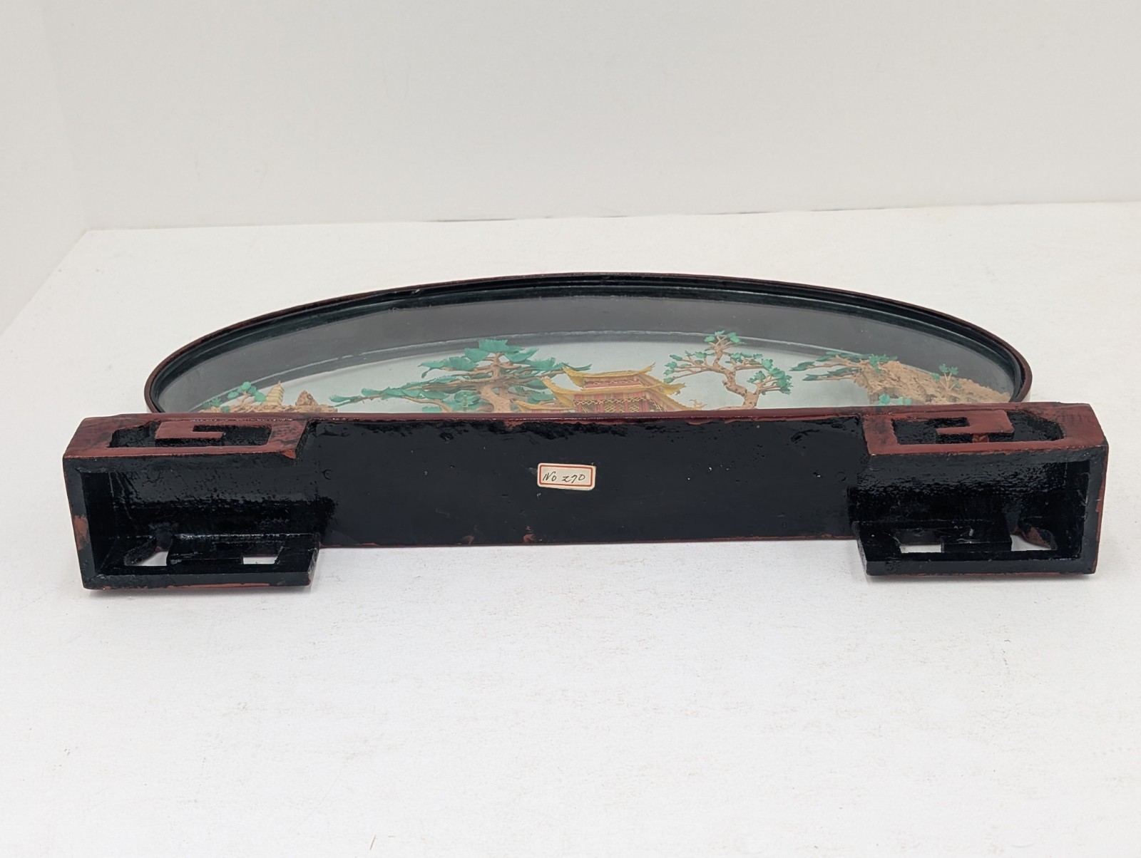 Vintage Oval Chinese/Asian Cork Art Hand Made Lacquered Wood With Glass 14x7x2