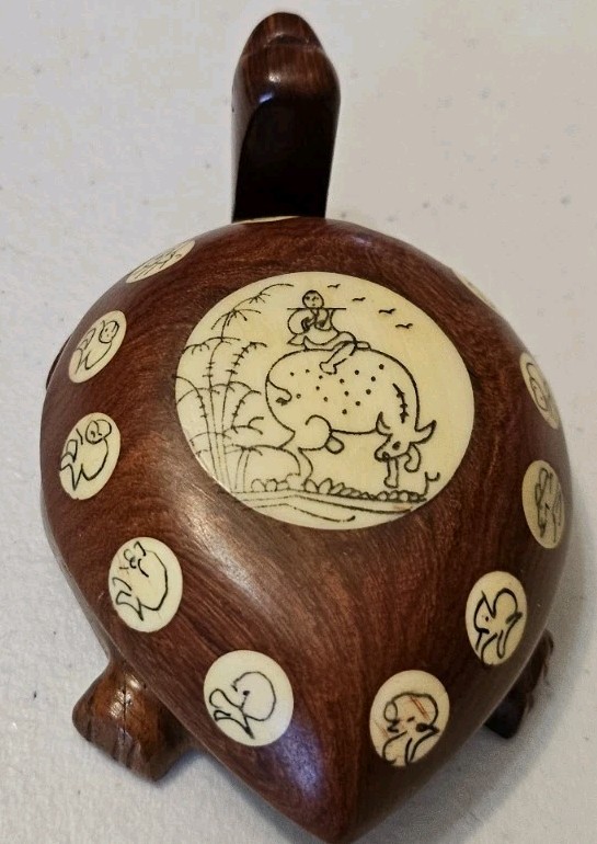 Asian Carved Wooden Turtle, Opens with Compass and Zodiac Signs