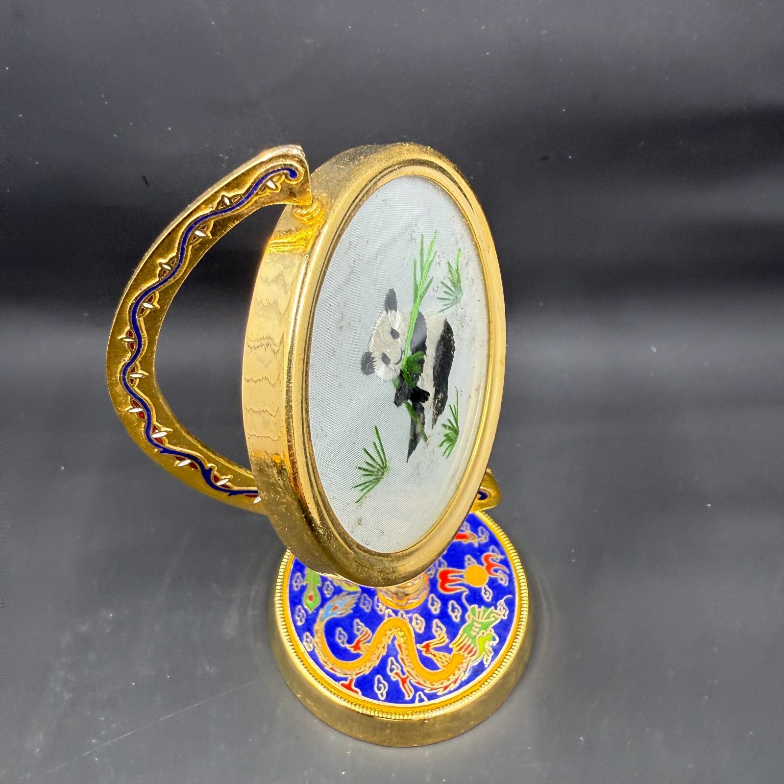 Vintage Suzhou Chinese Silk Embroidered Panda Cloisonné Enamel Metal Stand
