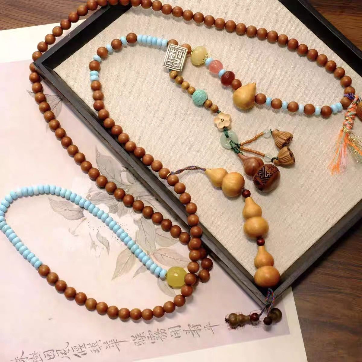 Chinese Style Sandalwood Beaded Crossbody Bag Strap Phone Lanyard