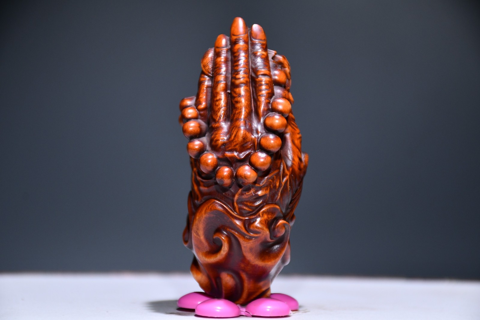 3.1″ Collect China Box-wood Carving Buddha’s-hand Prayer Beads Wish Statue
