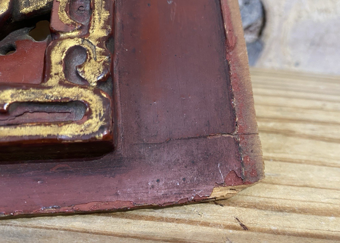 Distressed Carved Gilt Wood Chinese Panel Plaque Brass Hanger