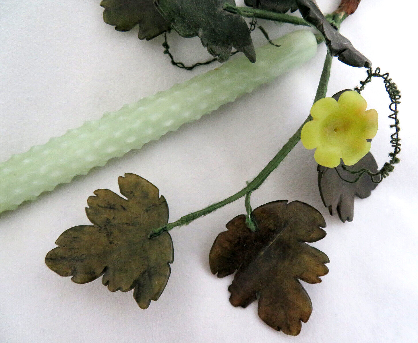 RARE Chinese Green Jade Gemstone Prickly Cucumber & Leaves Sculpture 11″ Long