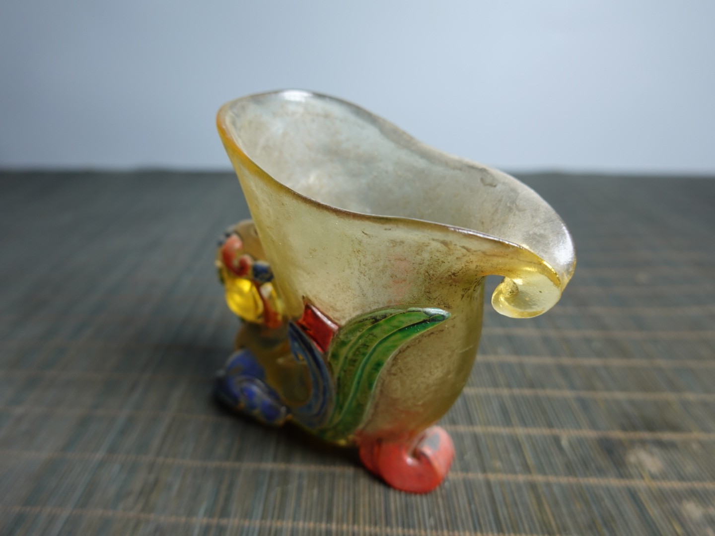 4.1″Collect Old China Coloured Glaze Painted Pixiu Beast Handle Three-legged Cup