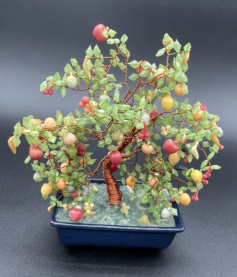 VTG Japanese Glass (? Acrylic) Fruit Bonsai Tree Copper Wire Apple Banana Cherry