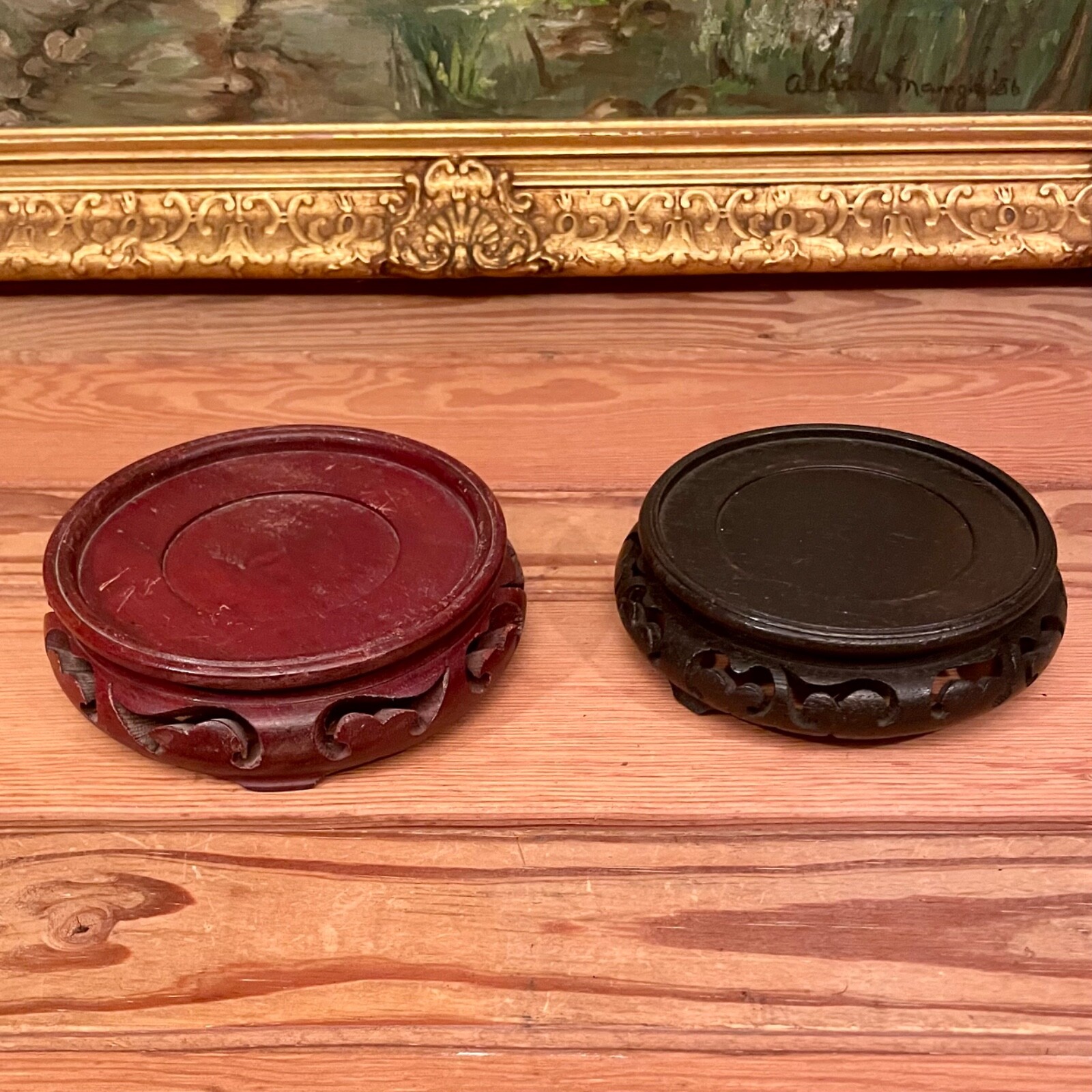 Lot Of 2 Large Chinese Wooden Stands Inside 1 @ 3.75″ – 1 @ 4″