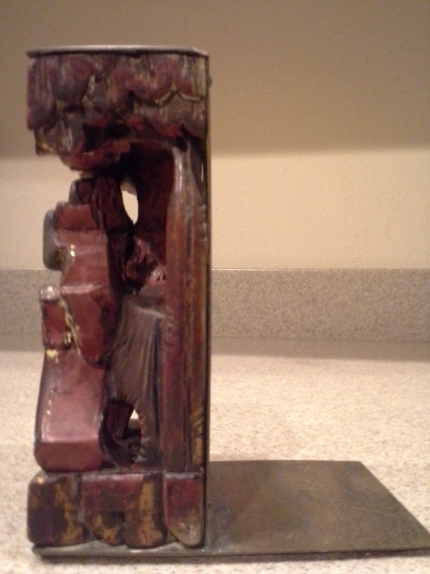 Vintage Asian Oriental Bookends Carved Wood and Etched Brass