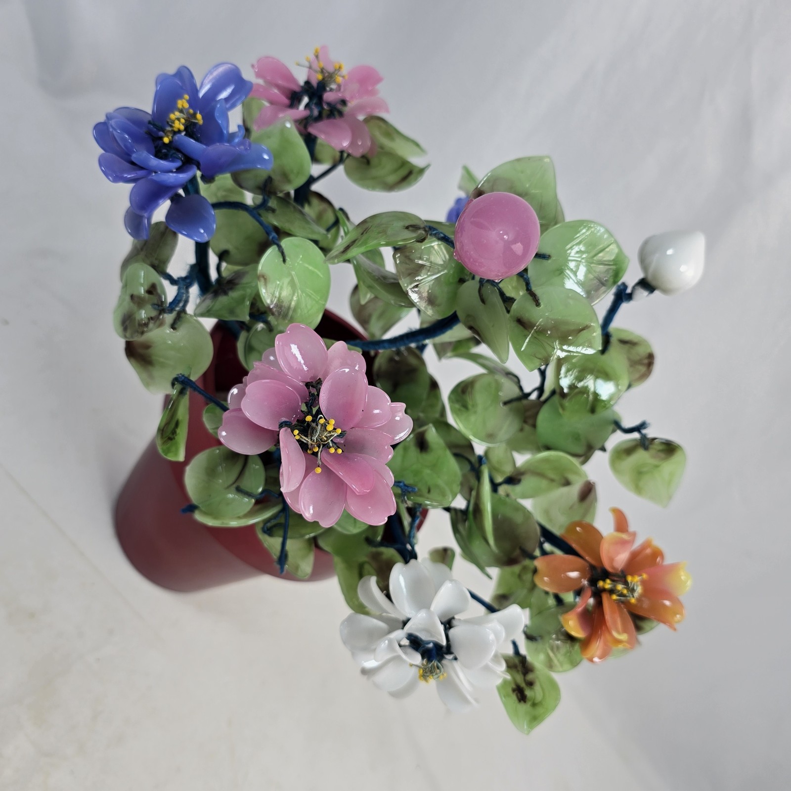 Chinese Jade Glass Bonsai Tree With Flowers and Pot 12 Inch X 11 Inch Approx