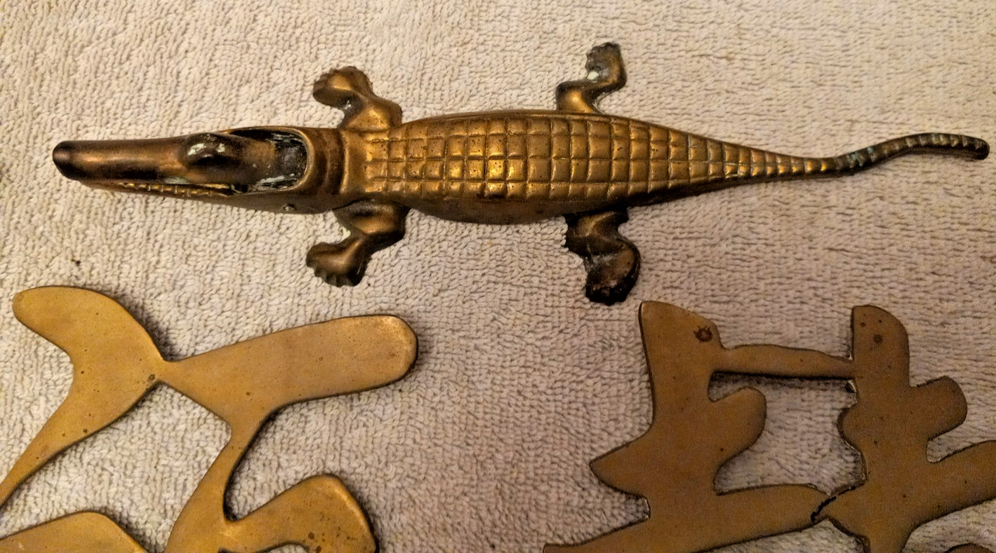 Vintage Brass Lot Chinese Symbols Letters Set Of 4 Gator, Nutcracker, Ashtray