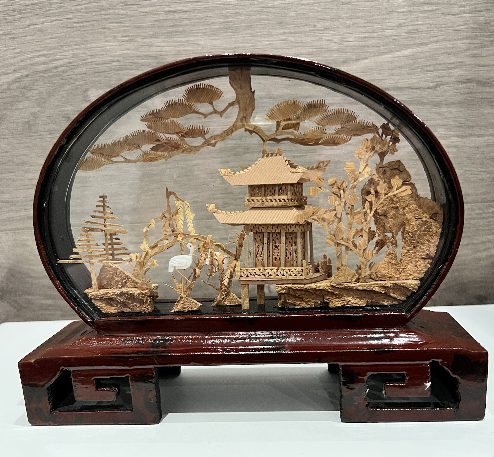 Vintage Chinese Hand Carved Cork Enclosed Diorama Sculpture Village 8” Long