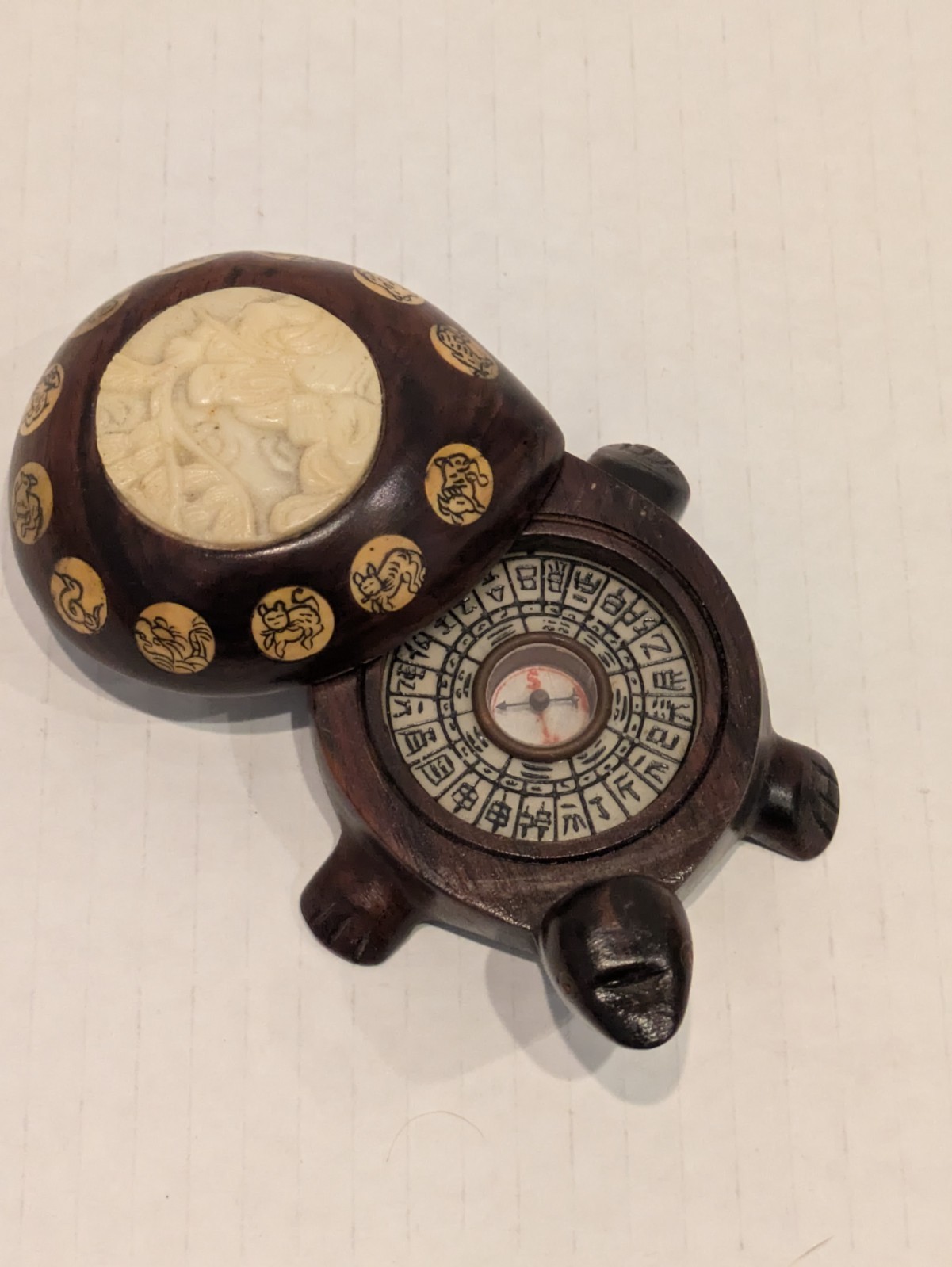 Vintage Carved Wood Turtle with Inlaid Chinese Zodiac Signs Opens to Compass