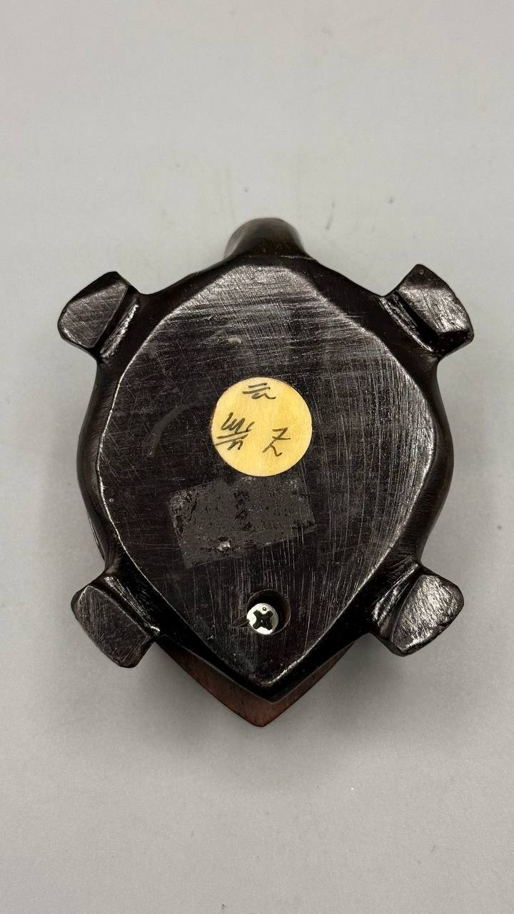 Vintage Carved Wood Turtle with Chinese Zodiac Compass – Functional Inlay
