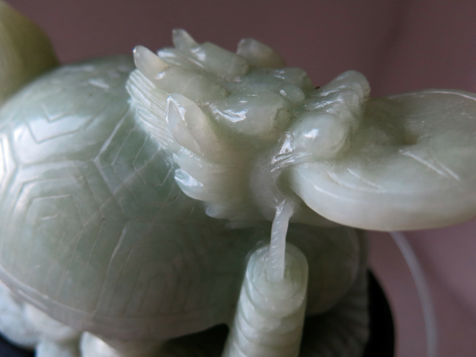 Asian Carved Jade Turtle – Many Symbols: Foo Dog Head, Coin in Mouth