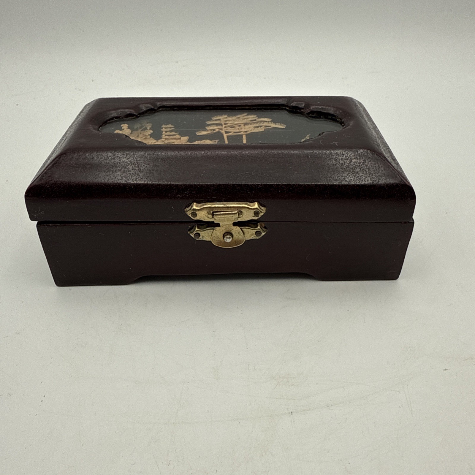 Asian Jewelry Wood Box Diorama Cork Art Pagoda Scene Brass