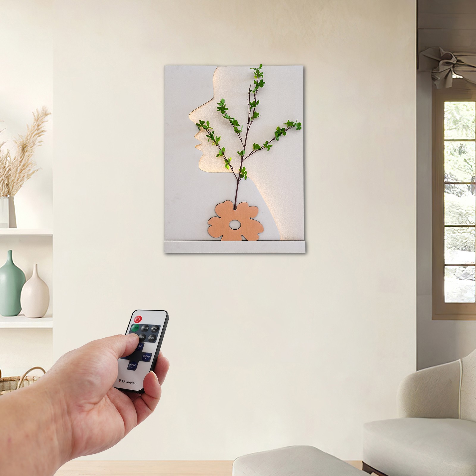 23.62*31.5″ 20W 110-240V Sandstone& MDF Off-white& Green Decor Wall Art Painting