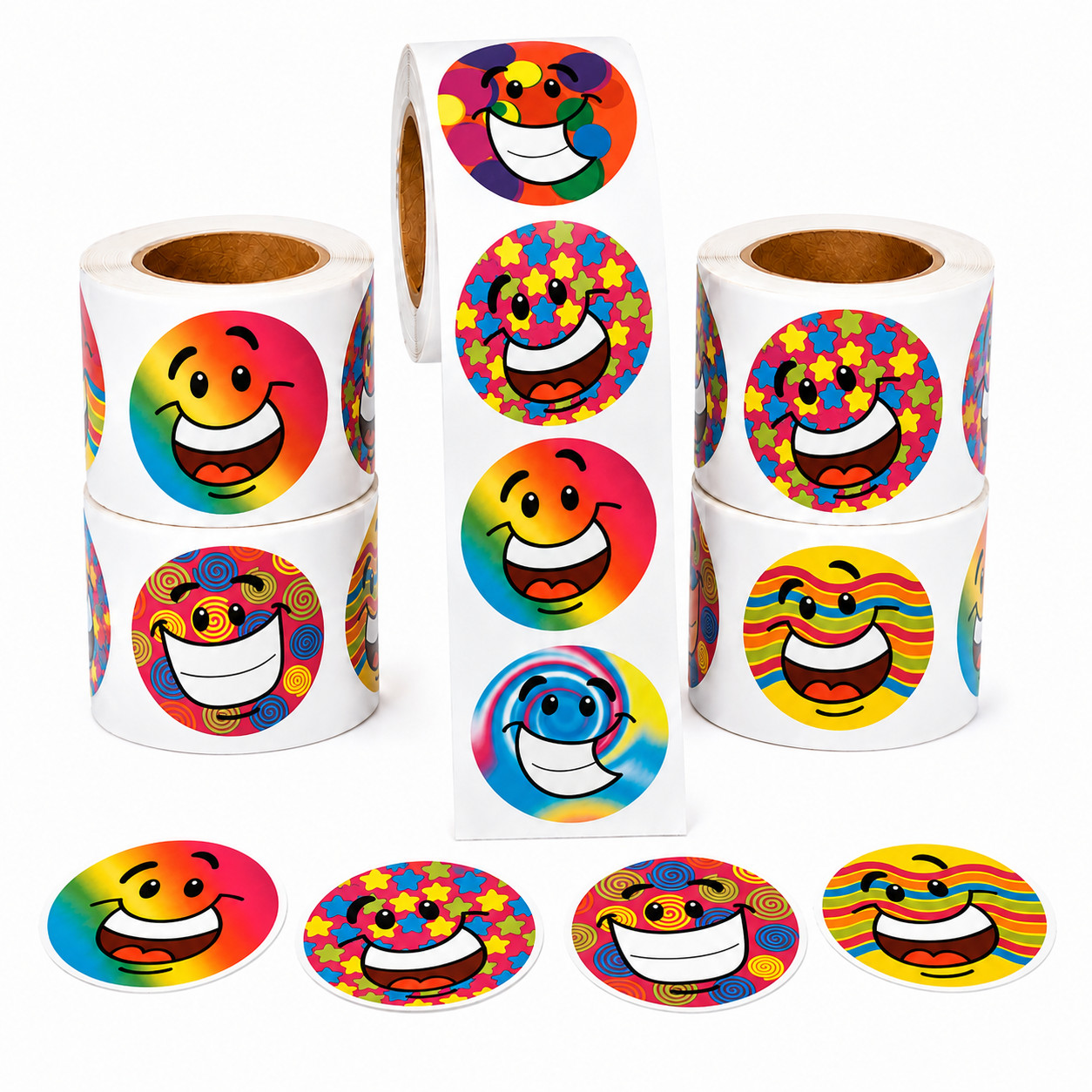 500 Funky Smile Face Stickers 1.5″ Roll Classroom Rewards Party Favors