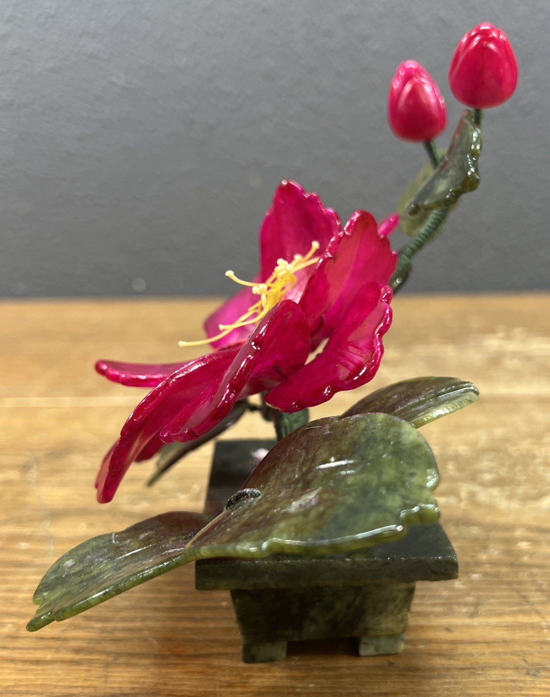 Vintage Japan Carved Stone Jade Bonsai Flowering Tree