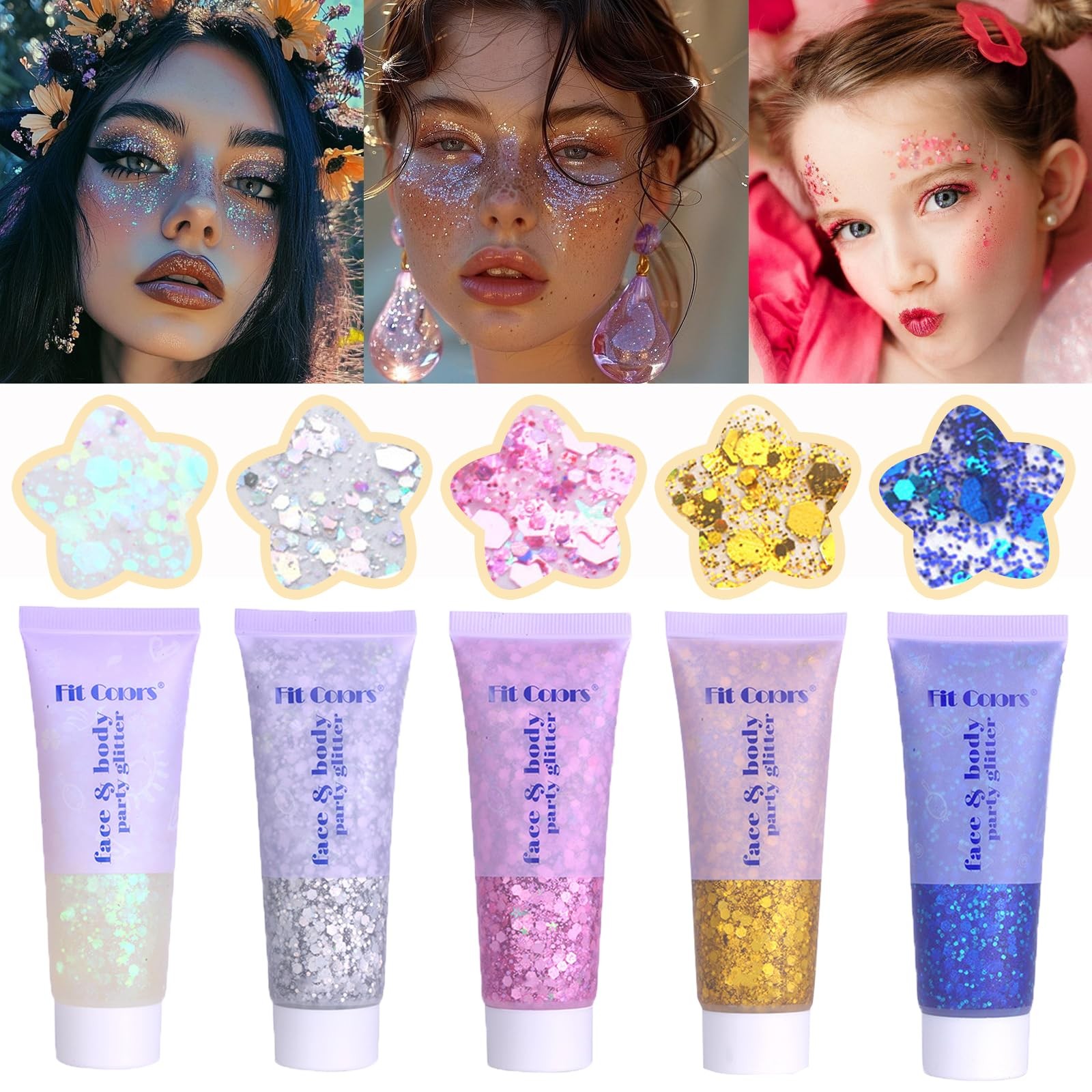 Face Body Glitter, Hair Glitter Sparkles Chunky White+Silver+Pink+Gold+Blue