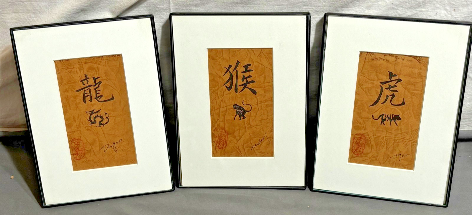 Lot 3 vintage 5×7 Chinese ZODIAC Calligraphy Art TIGER DRAGON MONKEY Signed Red