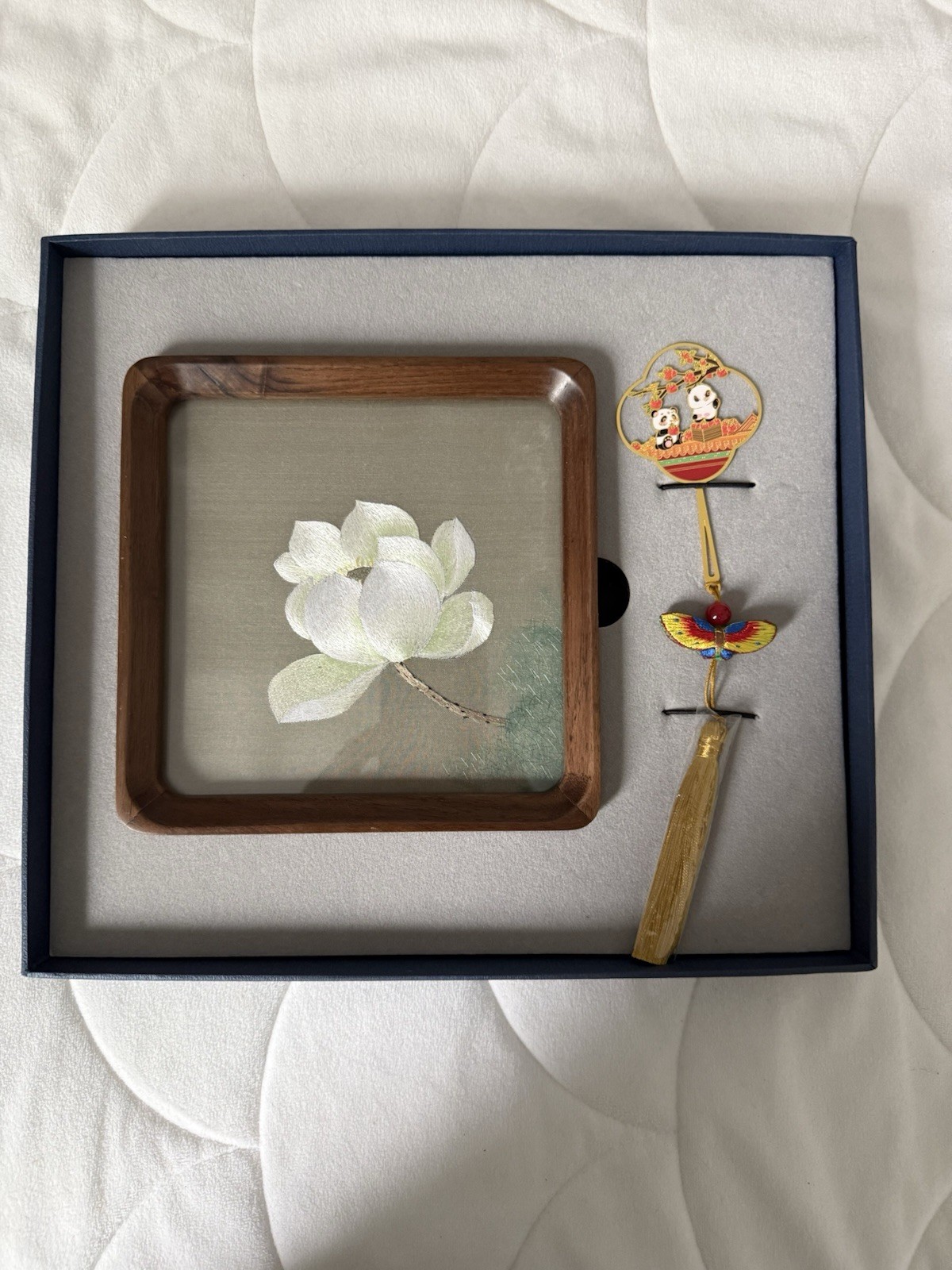 Chinese Gift Set With Framed Silk Embroidery And Tassel Ornament