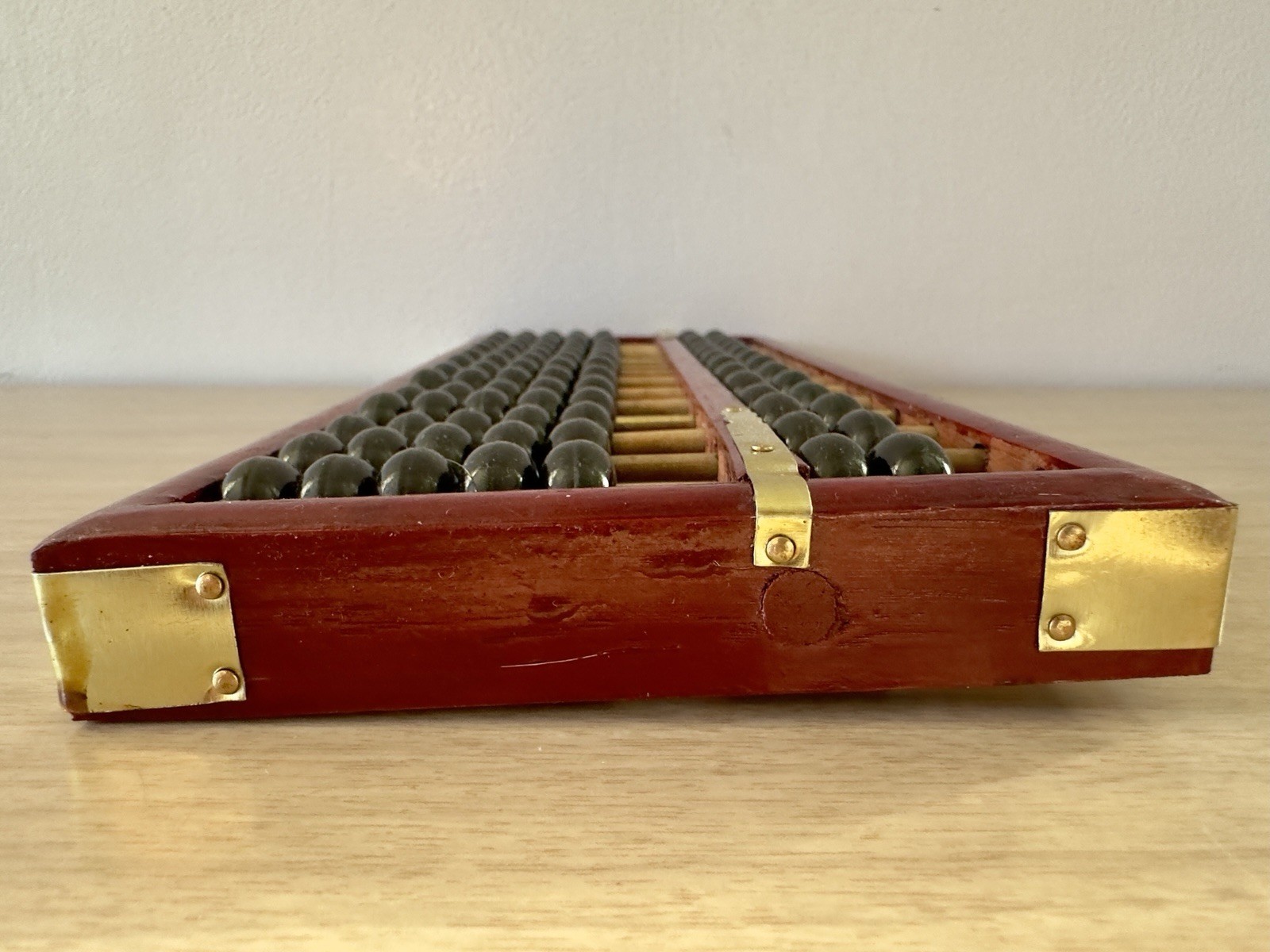 Vintage Wooden Abacus Black Beads Brass Hardware Mid Century MCM Decor 11.5in