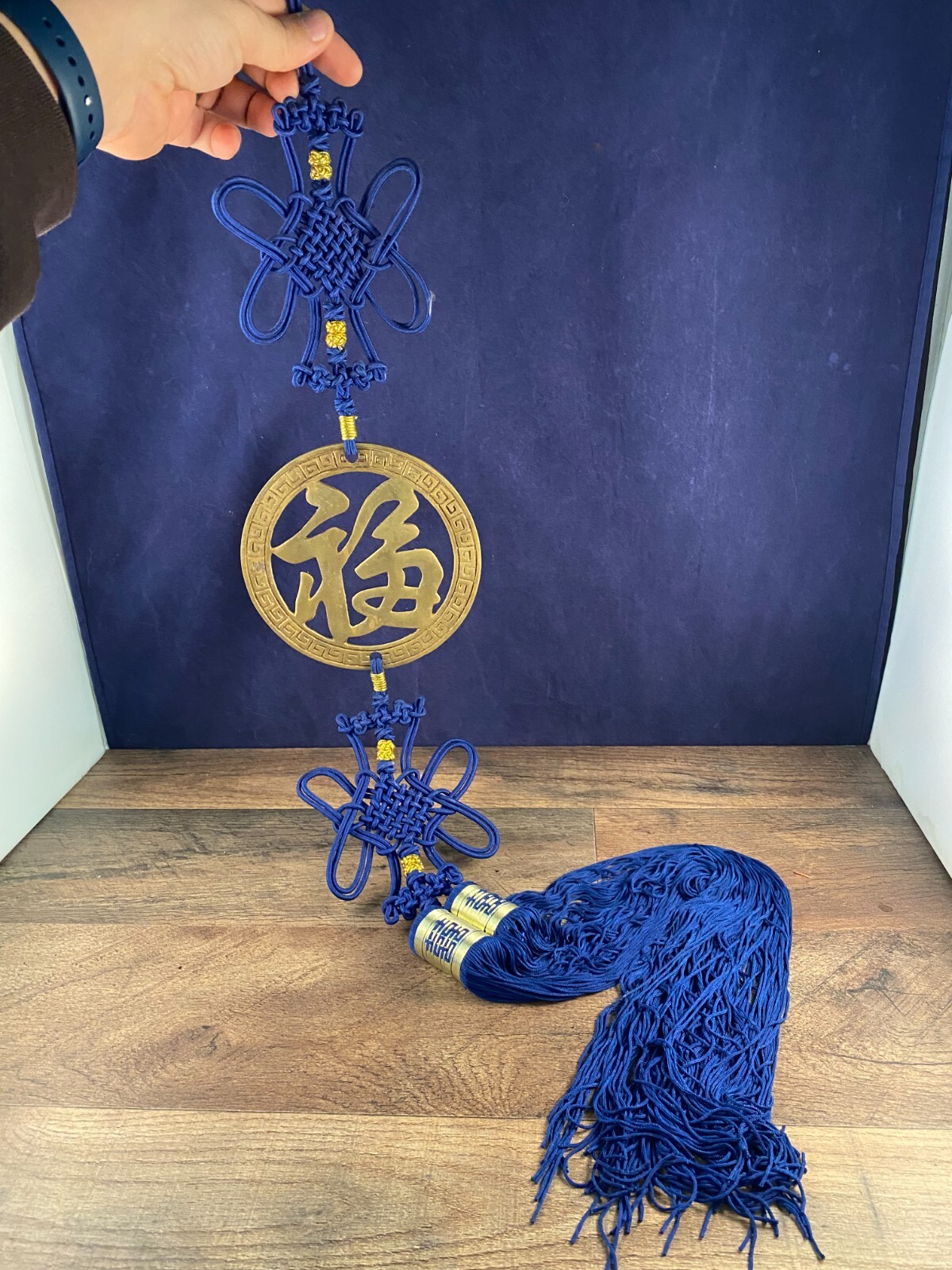 Large Blue Double Tasseled Chinese Knot Wall Hanging Brass Medallion 6″W x 47″H