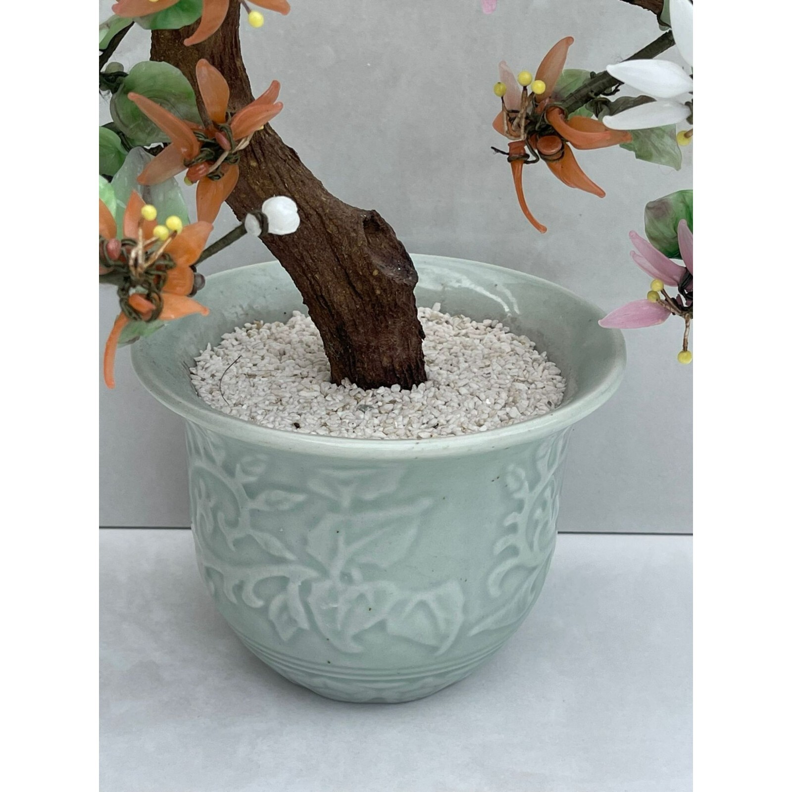 Vintage Glass Large Chinese Bonsai Tree Jade Stone Multicolor Sz 13inch