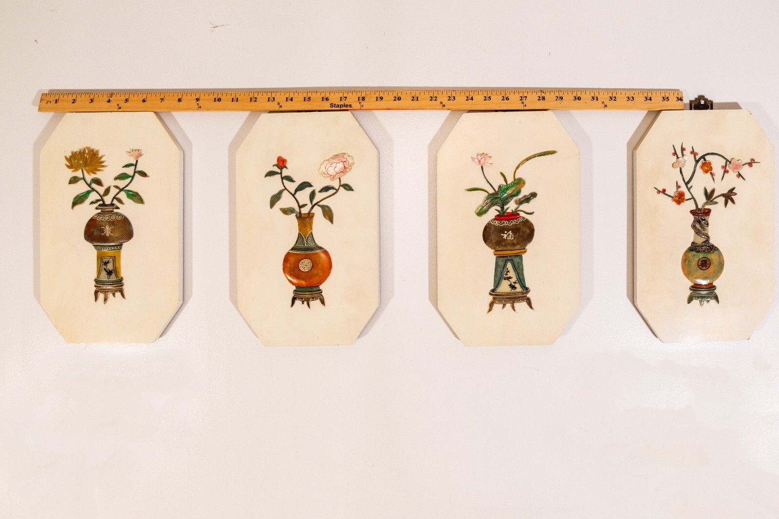 Chinese Wall Hanging 4 Panel – Hand Painted Carved Stone – Four Wooden Panels
