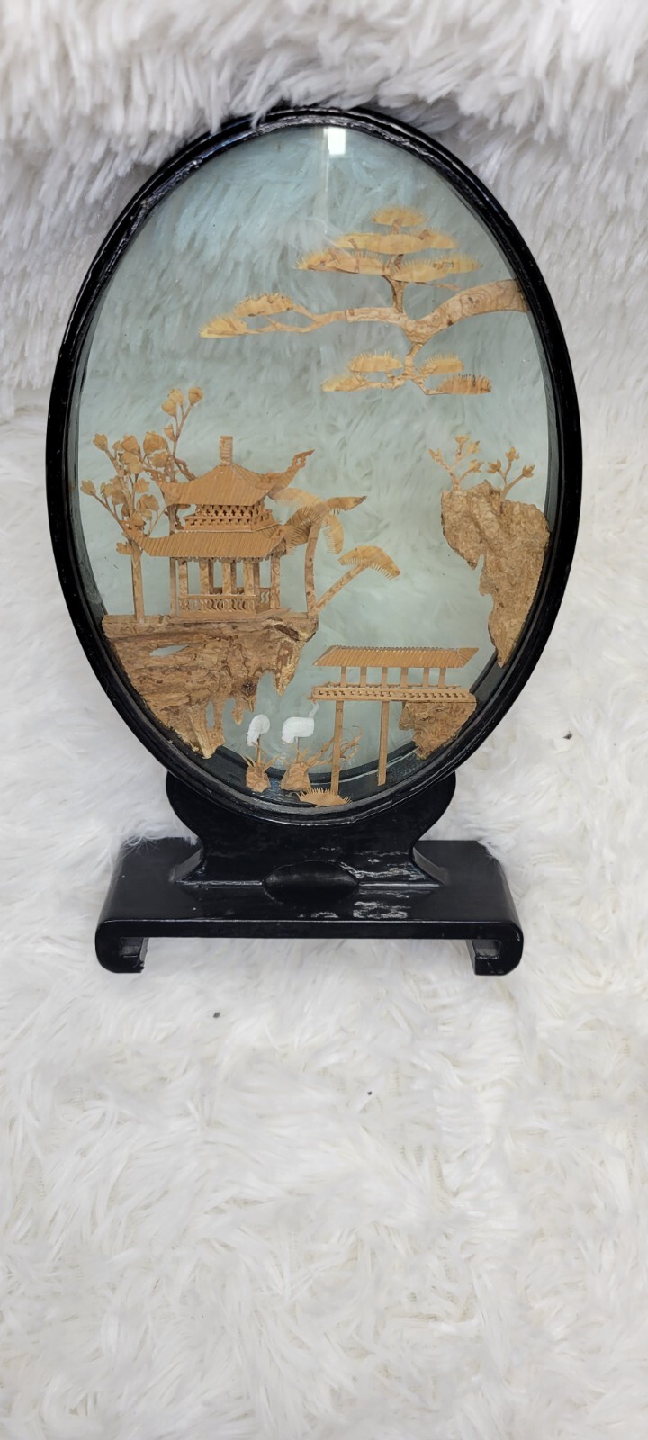 Diorama Vintage Chinese Cork Wood Oval Glass Original Sticker Cranes Pagoda