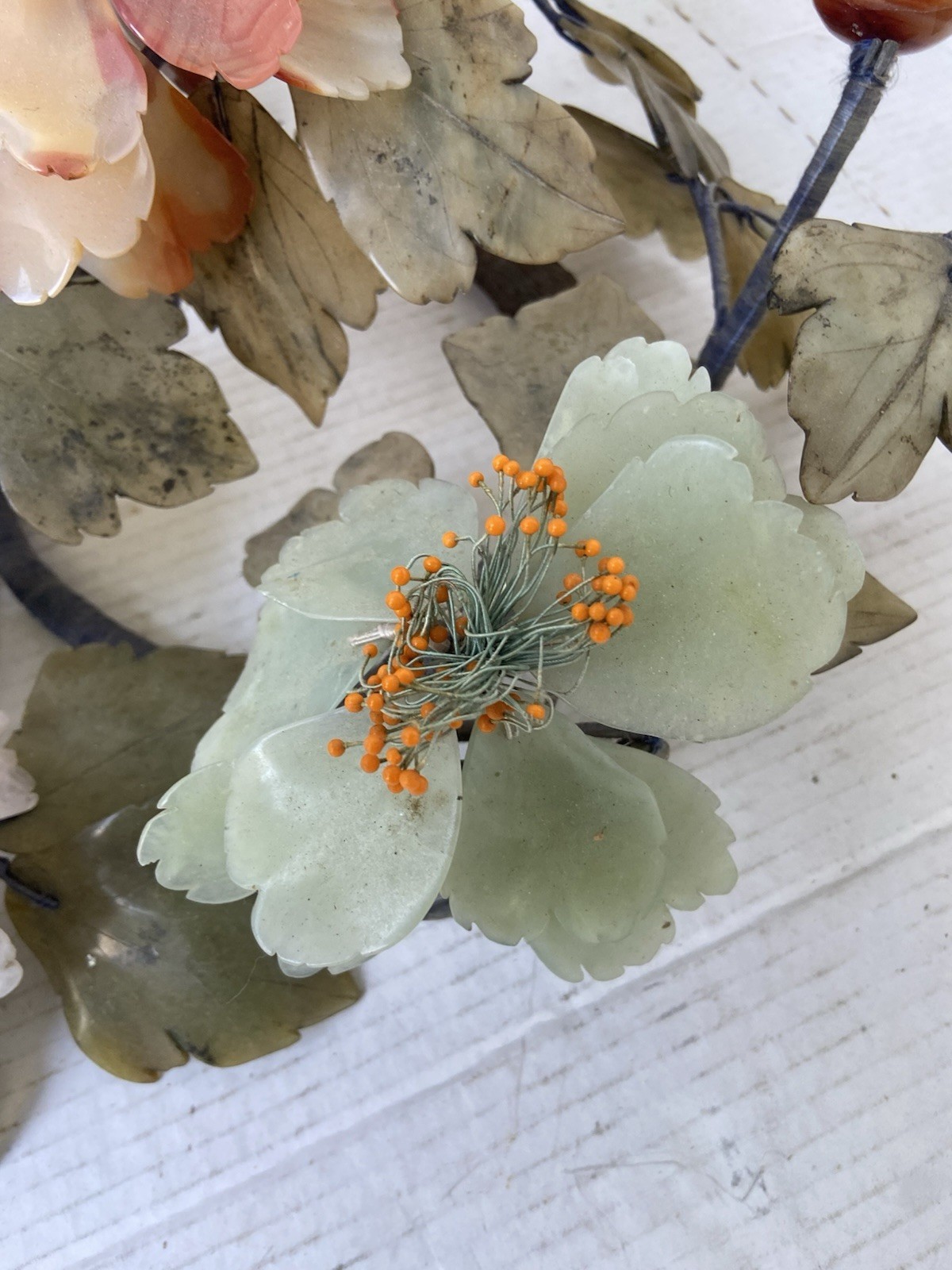 VTG Carved Jade & Gemstone Leaves Flowering Plant, Great Condition 18” diameter.