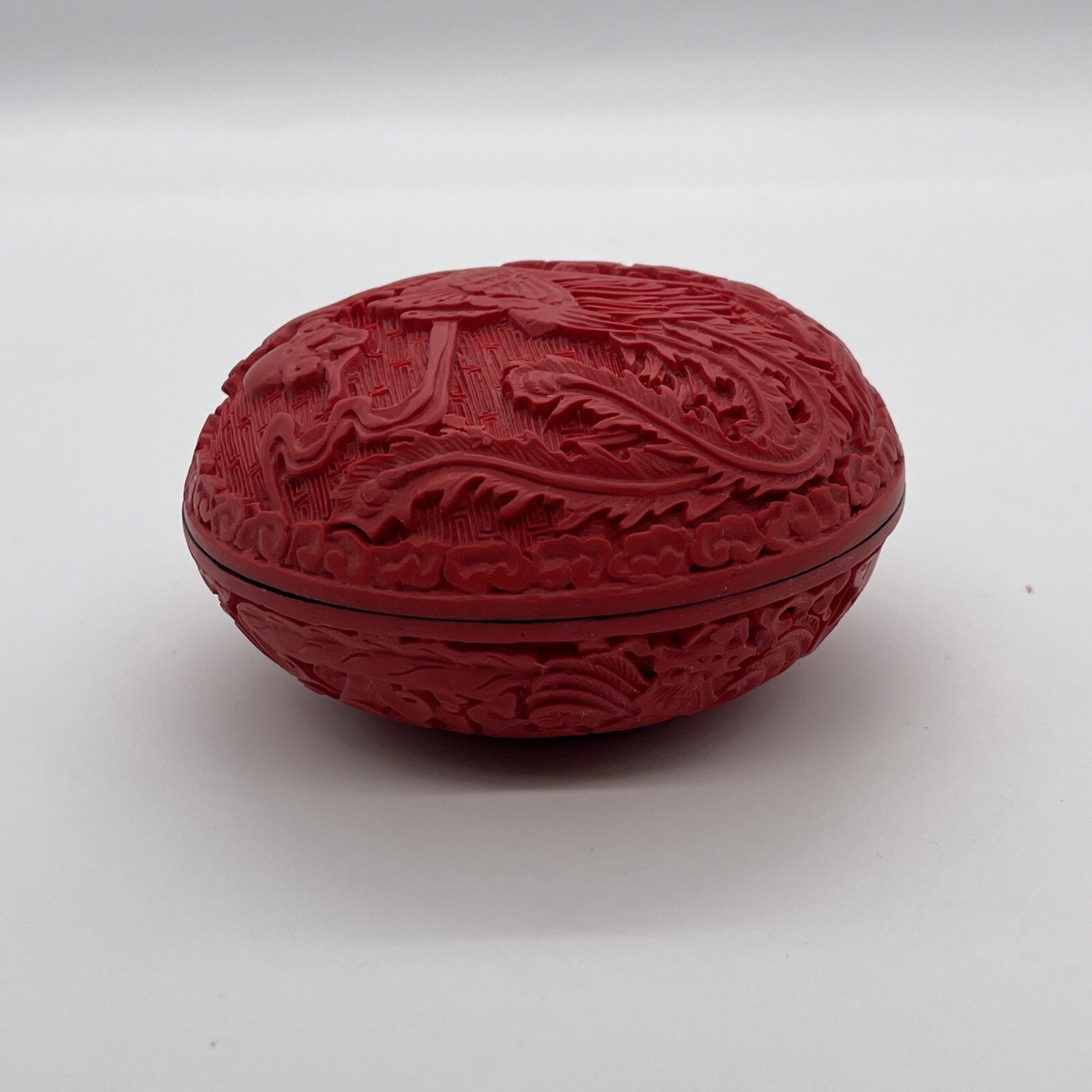Trinket Box Cinnabar Phoenix Design on Lid & throughout Brilliant￼ Red￼ Vintage
