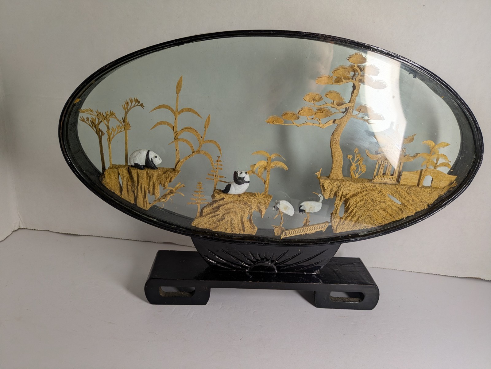 Vintage Chinese Cork Carving Diorama Encased Hand Carved Wood Pagoda Panda Bears