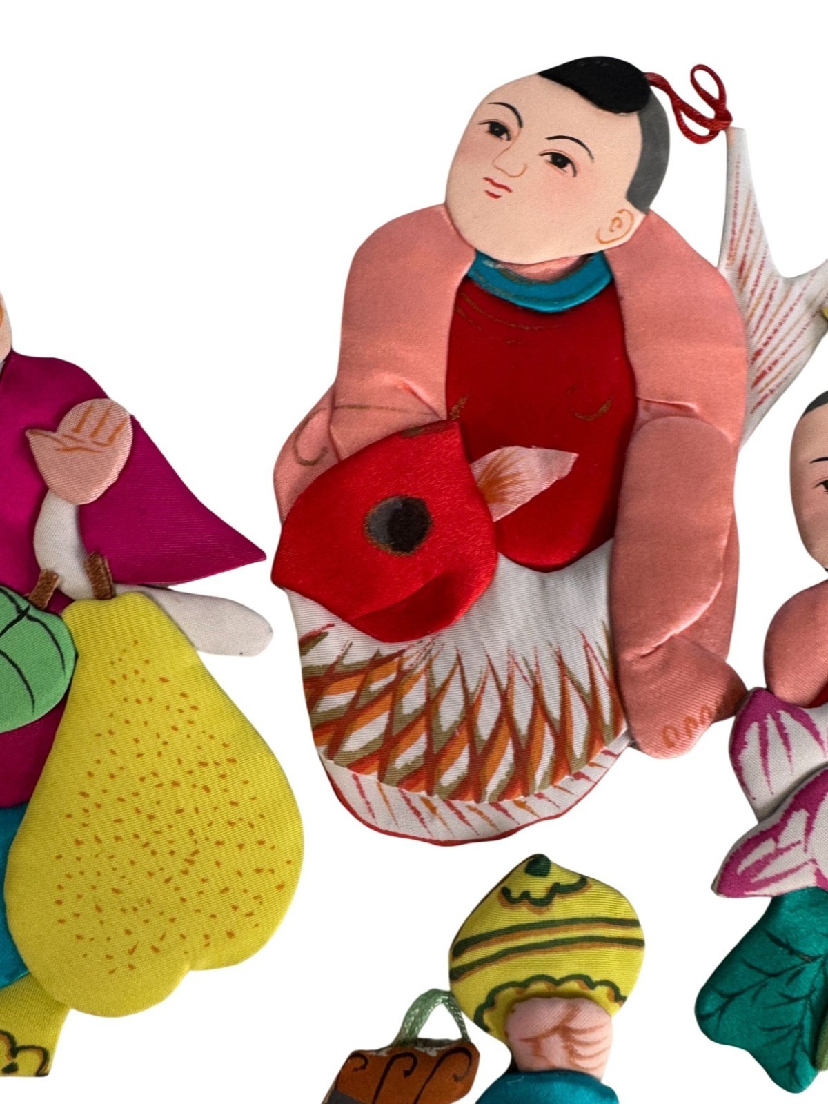 Set Of 6 Vintage Chinese Silk & Cardboard Ornaments Folk Figures 6″ No Box