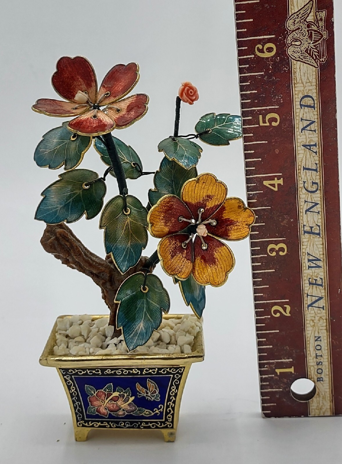 Vtg Oriental Guilloche Enamel Bonsai Tree Pink Coral Flowers Cloisonne Pot