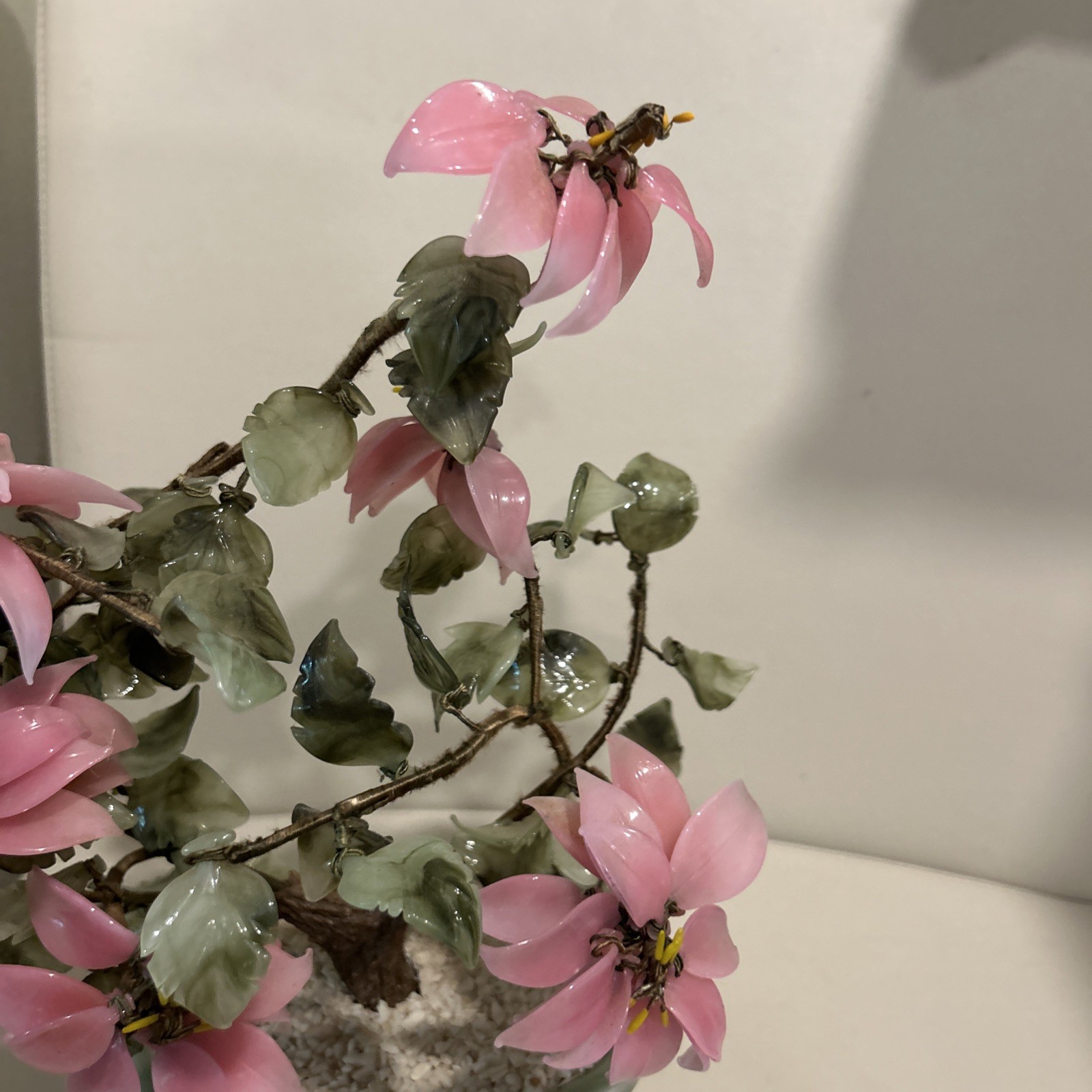 Vintage Large Asian Jade Glass Flowering Pink Cherry Blossom Bonsai Tree Decor