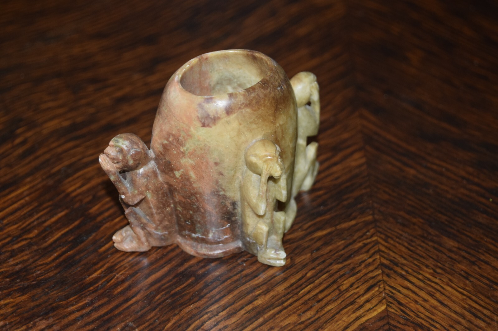 Vintage Soapstone Carved Toothpick Holder Cup Monkeys See, Hear , Speak no Evil