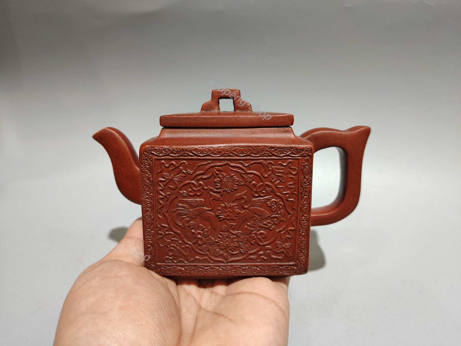 5.9″ Chinese Yixing Zisha Pottery Red Clay Double Crane Longevity Relief Teapot
