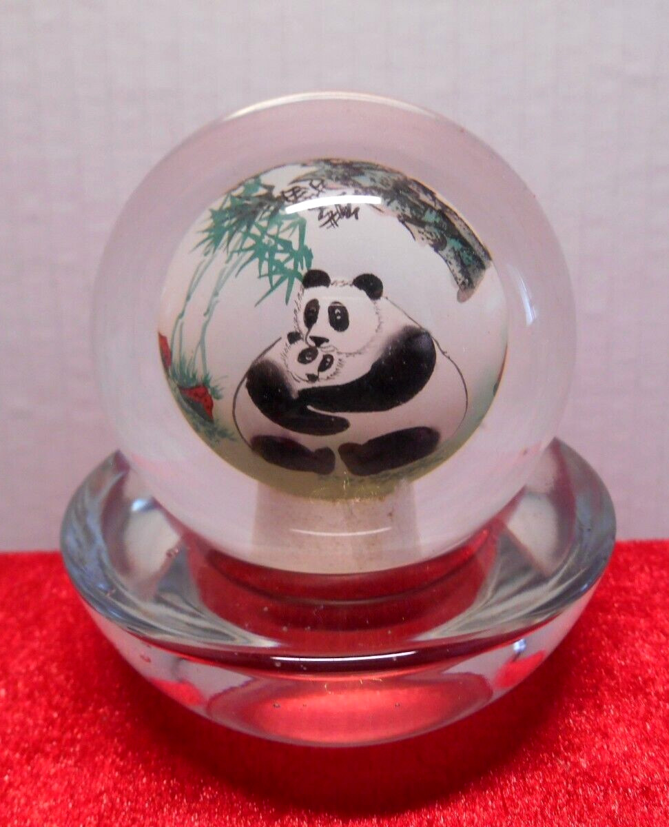 Chinese reverse painted Glass Ball Sphere Orb PANDA BEAR paperweight w/Stand