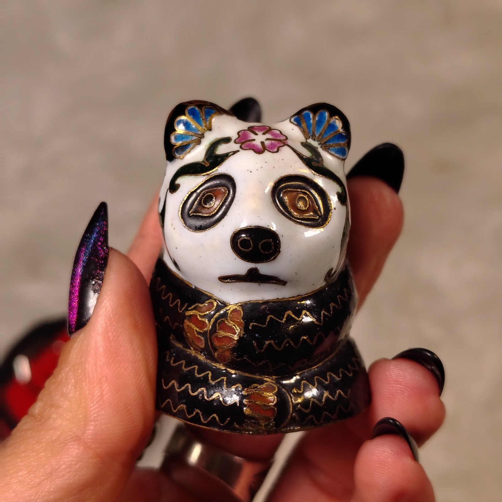 VTG Chinese Cloisonne Mutli Colored Floral Pattern Panda Bear Figurine