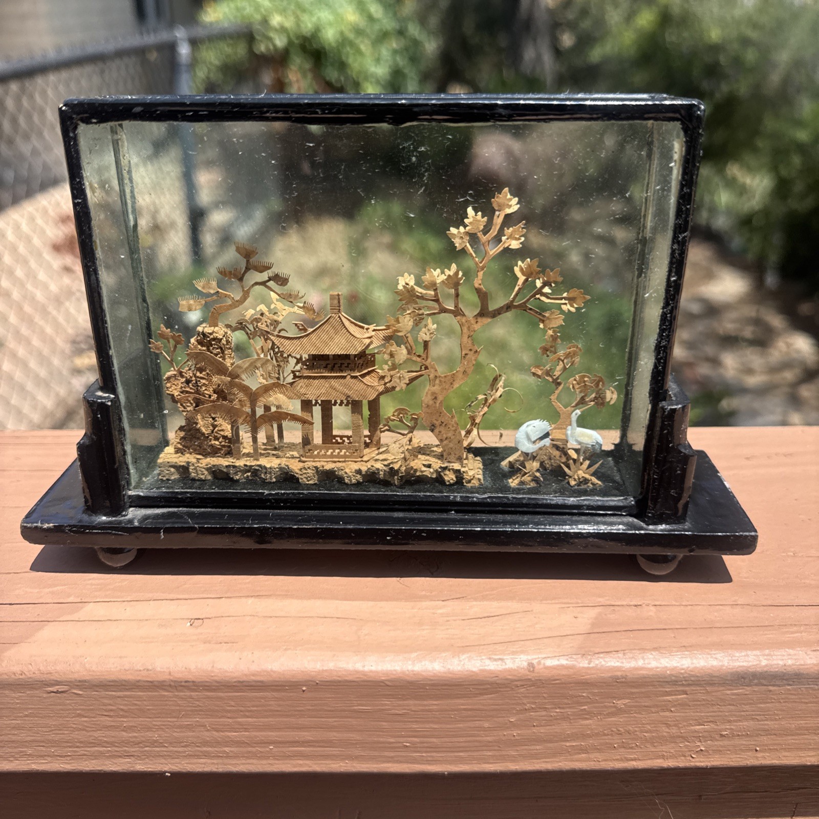 Vintage Chinese Hand Carved Cork Diorama with birds Framed Glass Wood 8” x 5”