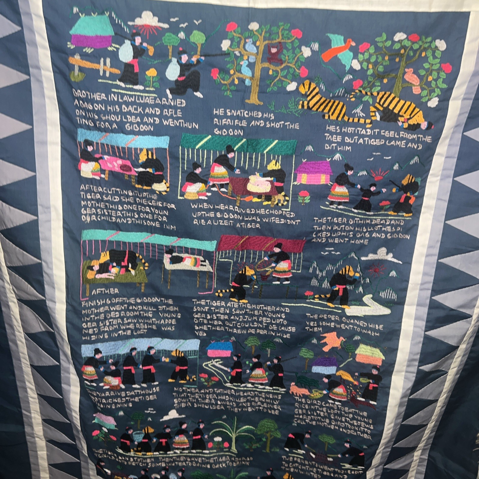 Vintage Hmong Hand Embroidered story cloth tapestry 38X52 Beautiful Blanket