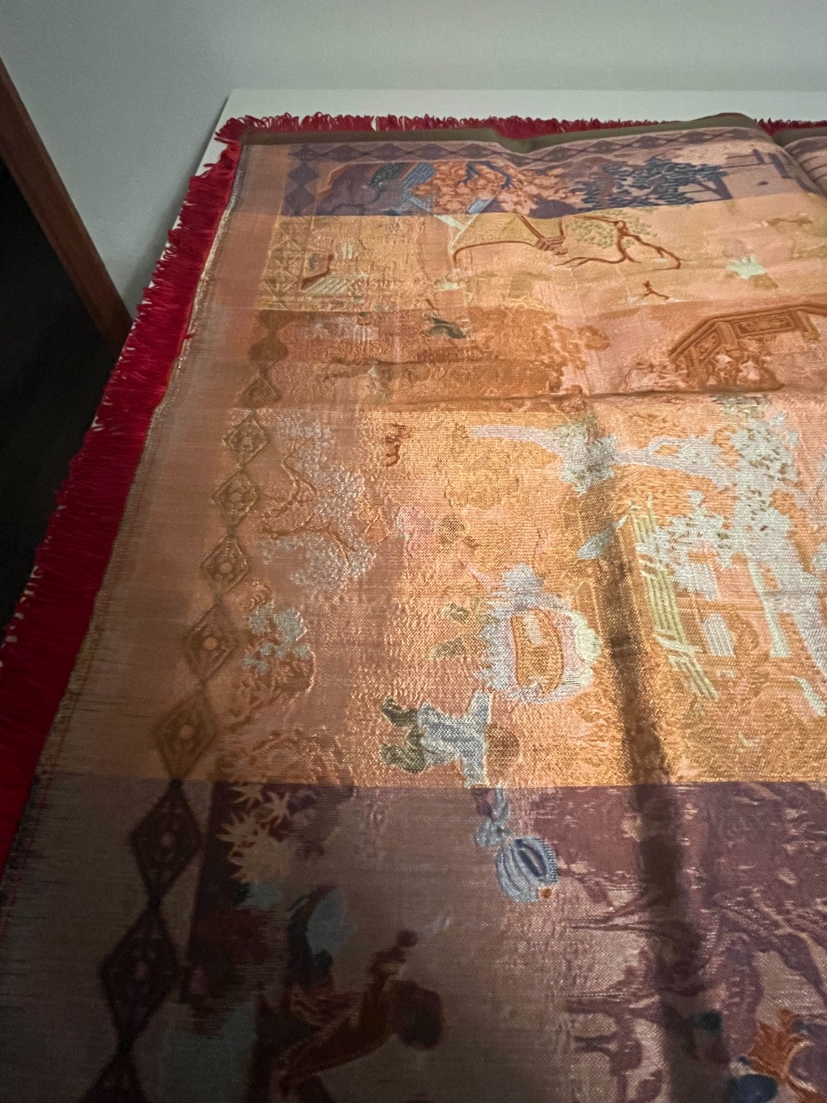 Vintage Chinese “Brocaded Flowers” Silk Blend Tapestry Tablecloth Piano Shawl