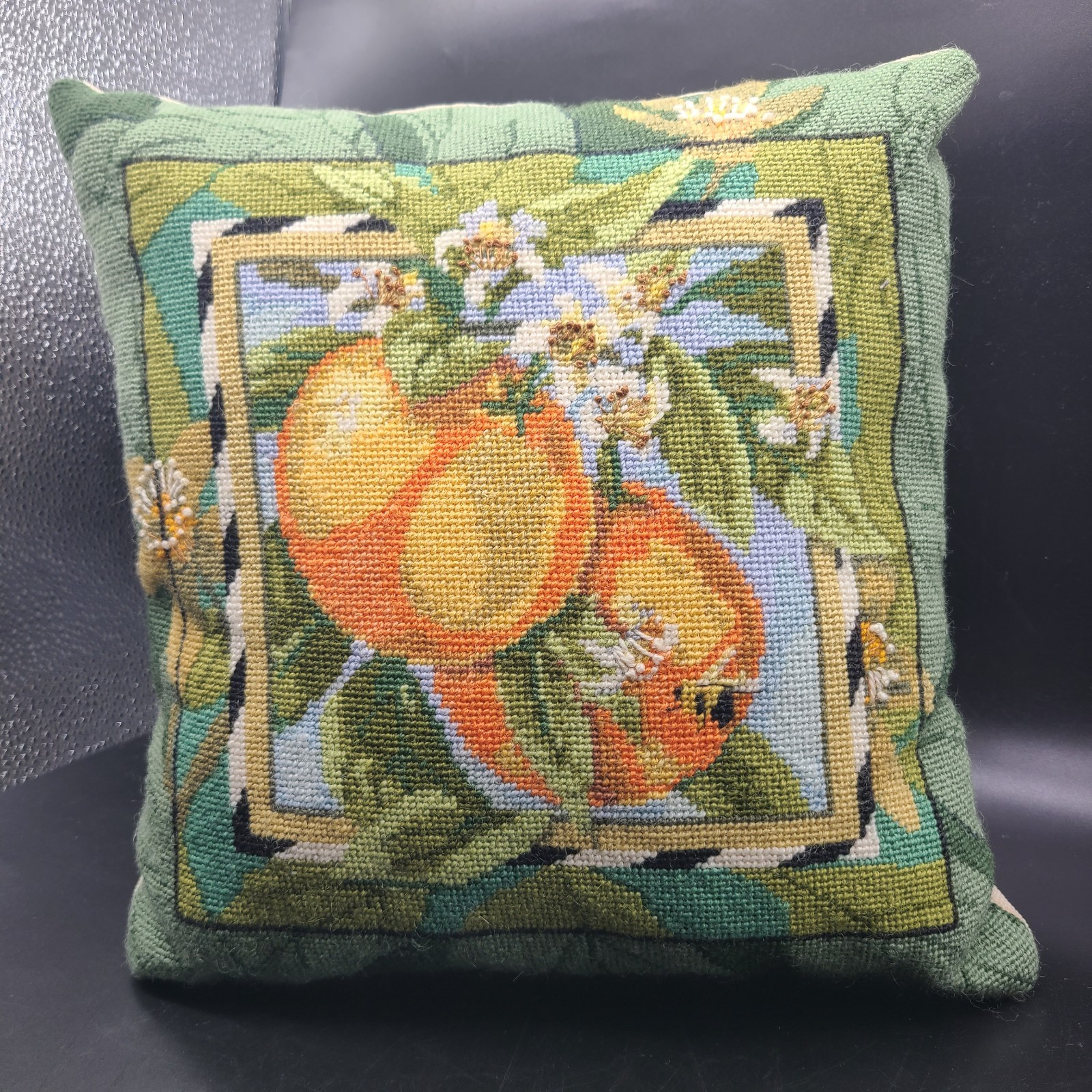 Pillow Needlepoint Orange Blossom handmade cross stitch 13×13 Nancy Rossi