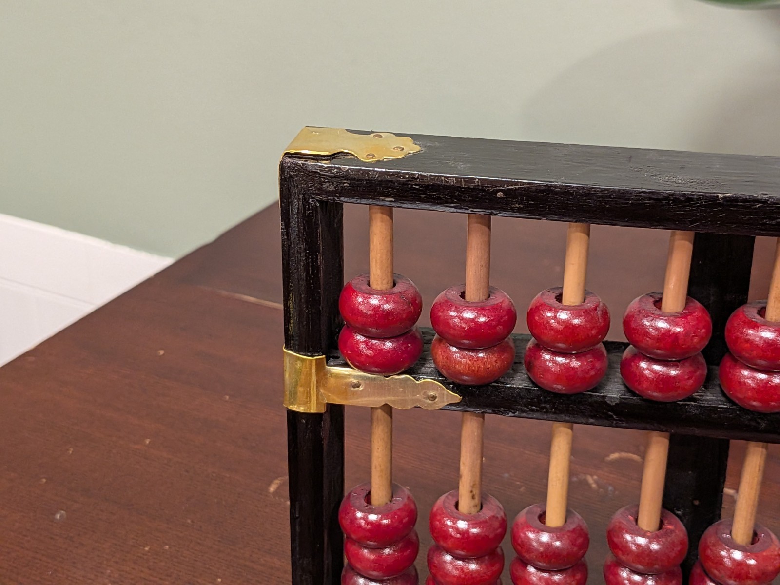 Vintage Chinese Abacus Wood & Brass Lotus Flower Brand Calculator 13 Row 91 Bead