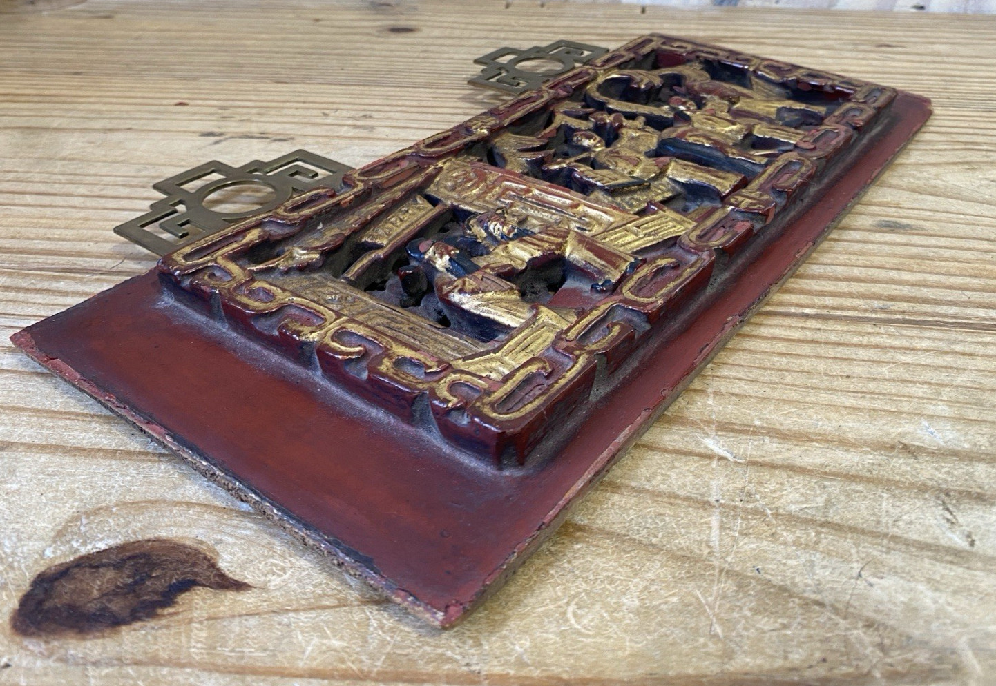 Distressed Carved Gilt Wood Chinese Panel Plaque Brass Hanger