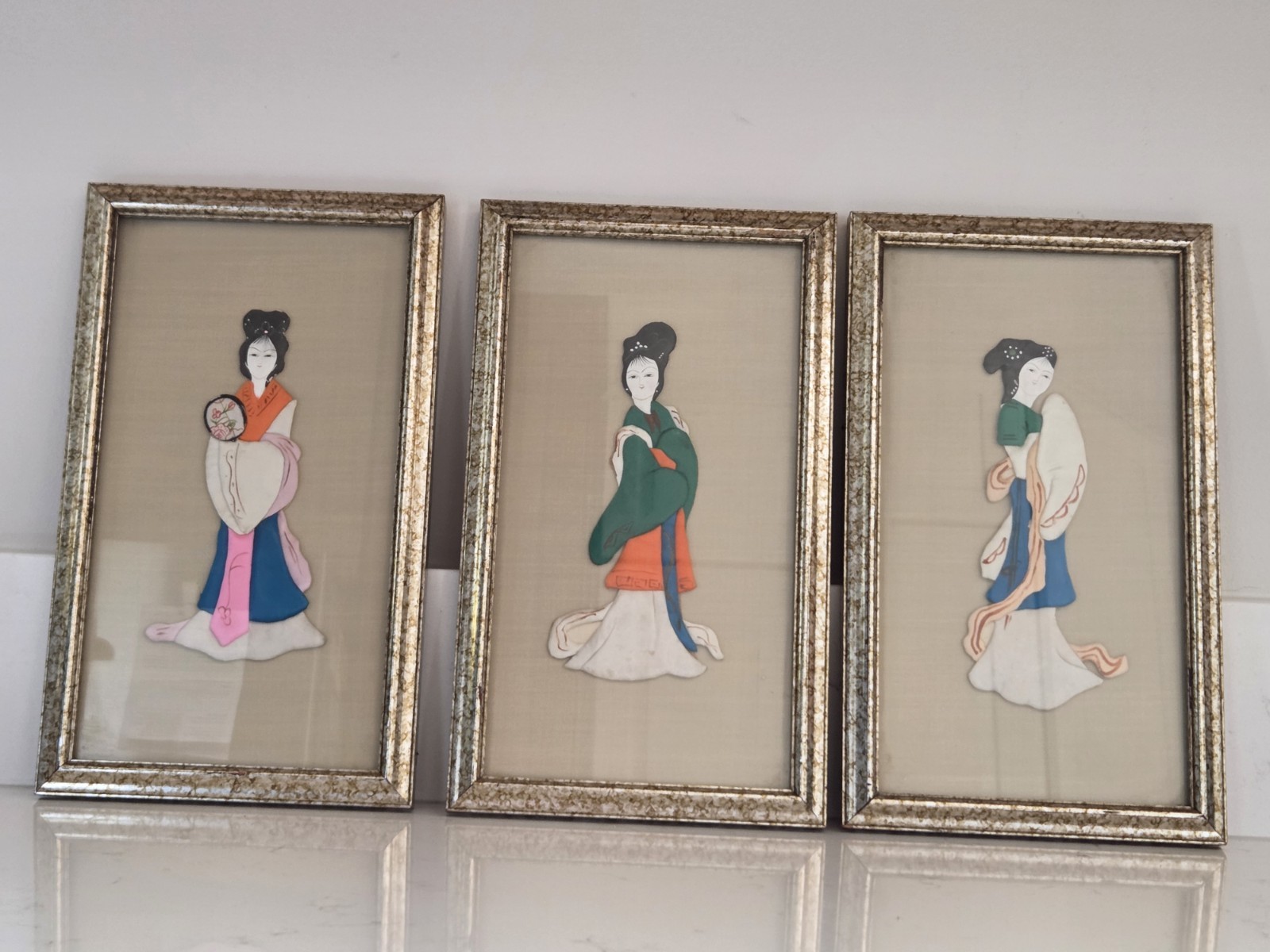 Set Of 3 Vintage Framed Chinese Oriental Asian Silk Art Oriental Geisha Ladies