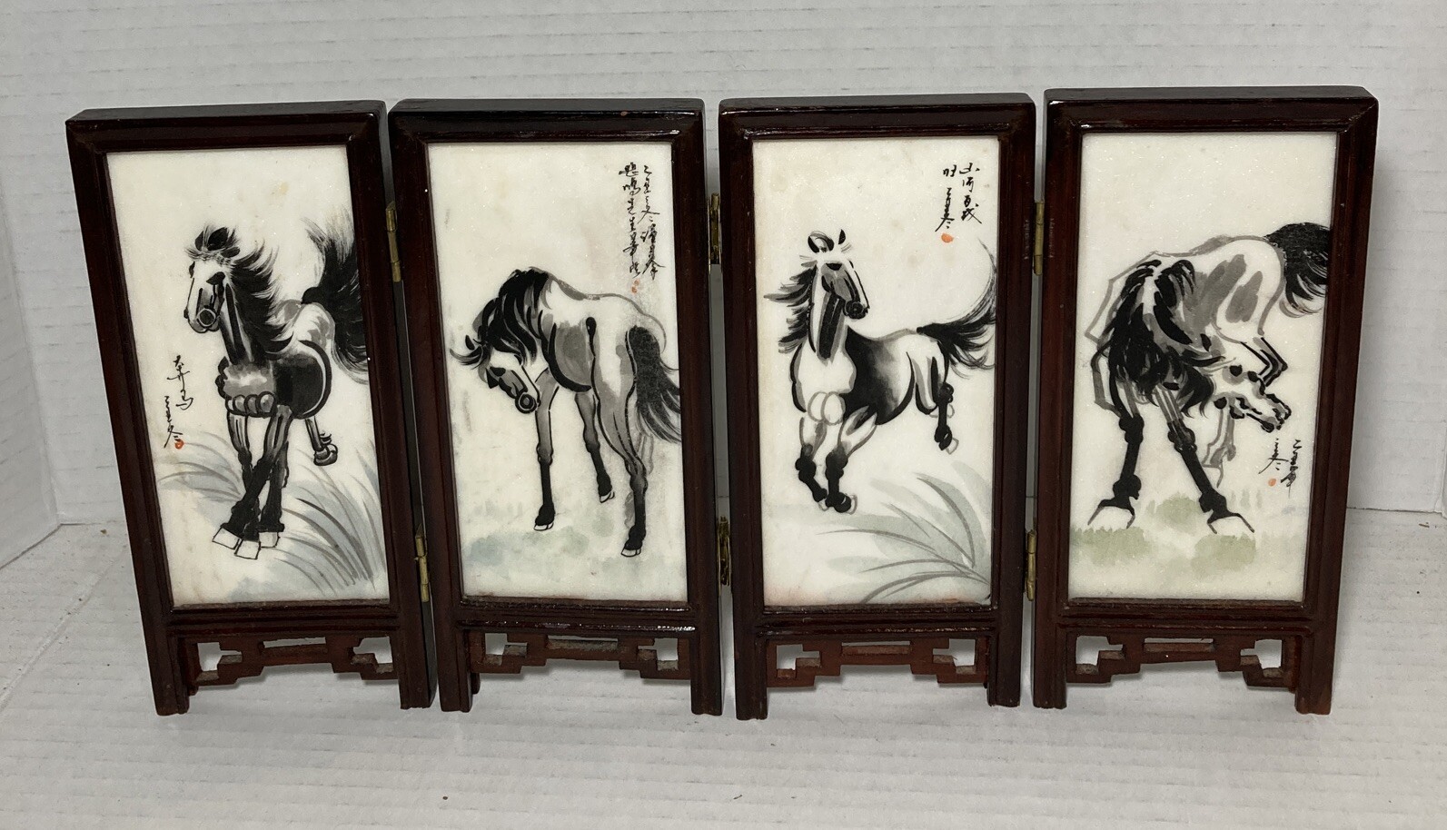 Chinese Oriental Desk Top Tile & Wood 2 Sided Folding Screen Horse Koy Fish